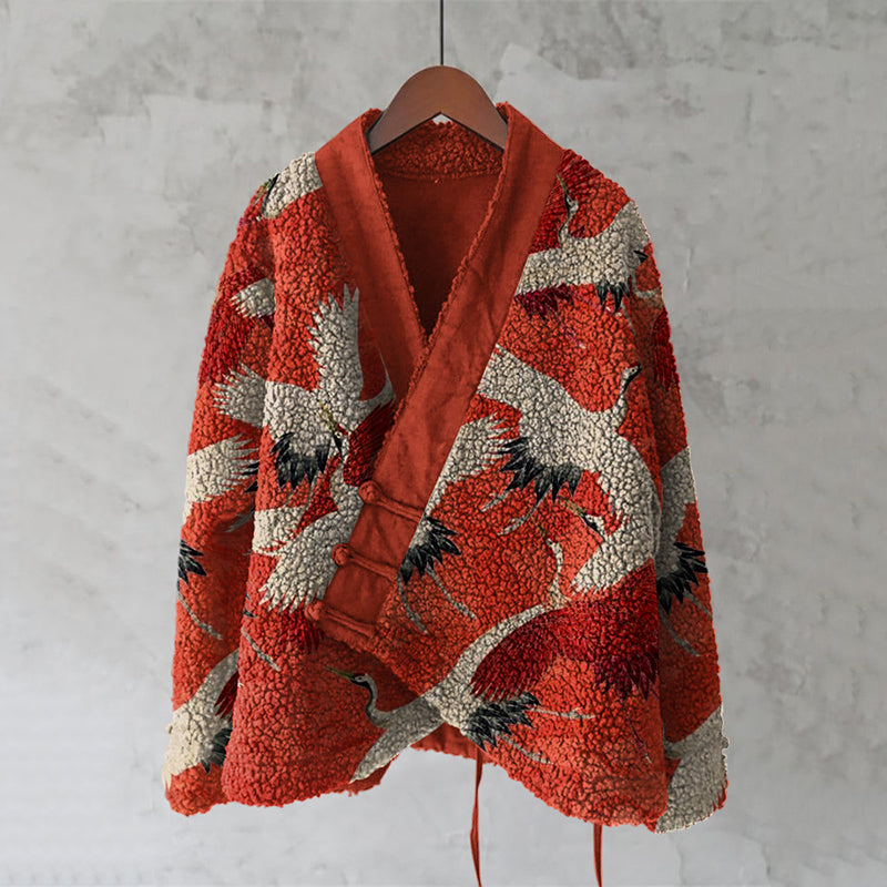 Japanese Style Crane Art Plush Cardigan