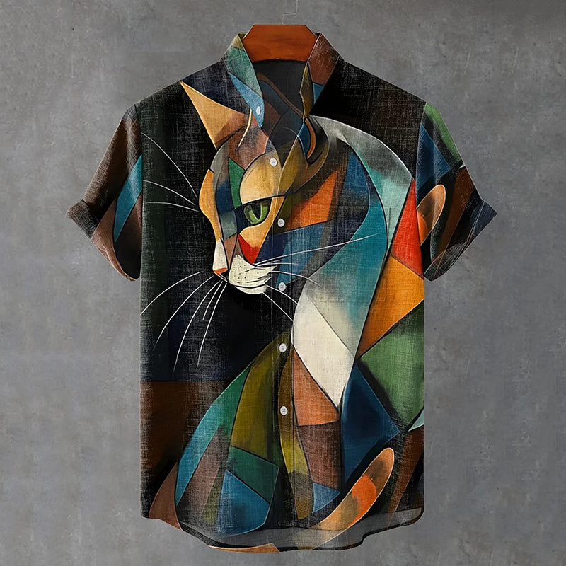 Men's Cat Abstract Art Print Linen Blend Cozy Shirt