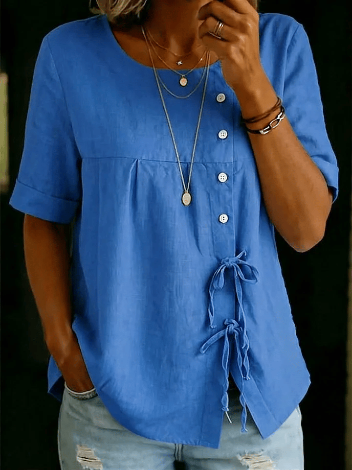Women's Retro Solid Color Button Lace Up Tie Shirt