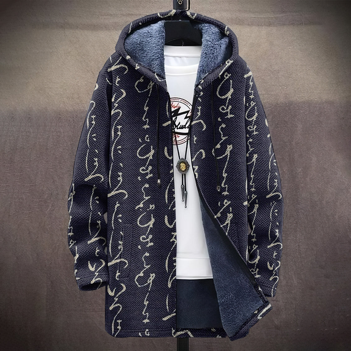 Vintage Japanese Traditional Sashiko Letter Art Pattern Art Cozy Hooded Cardigan