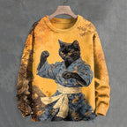 Men's Japanese Ukiyo-E Kung Fu Black Cat Casual Sweater