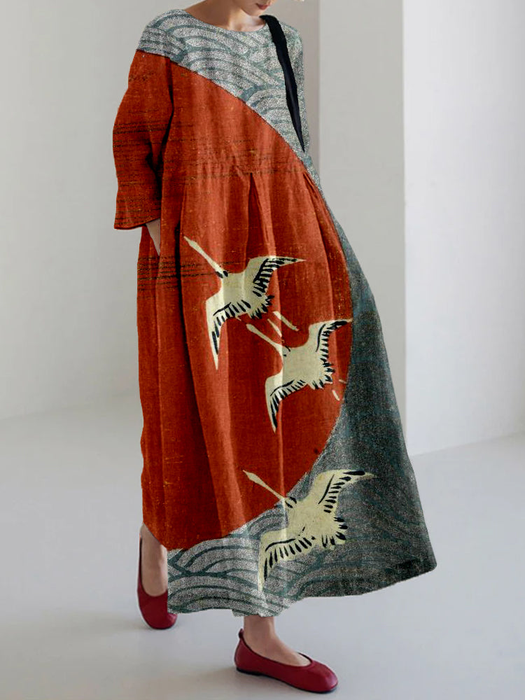 Vintage Japanese Waves & Cranes Art Linen Blend Maxi Dress