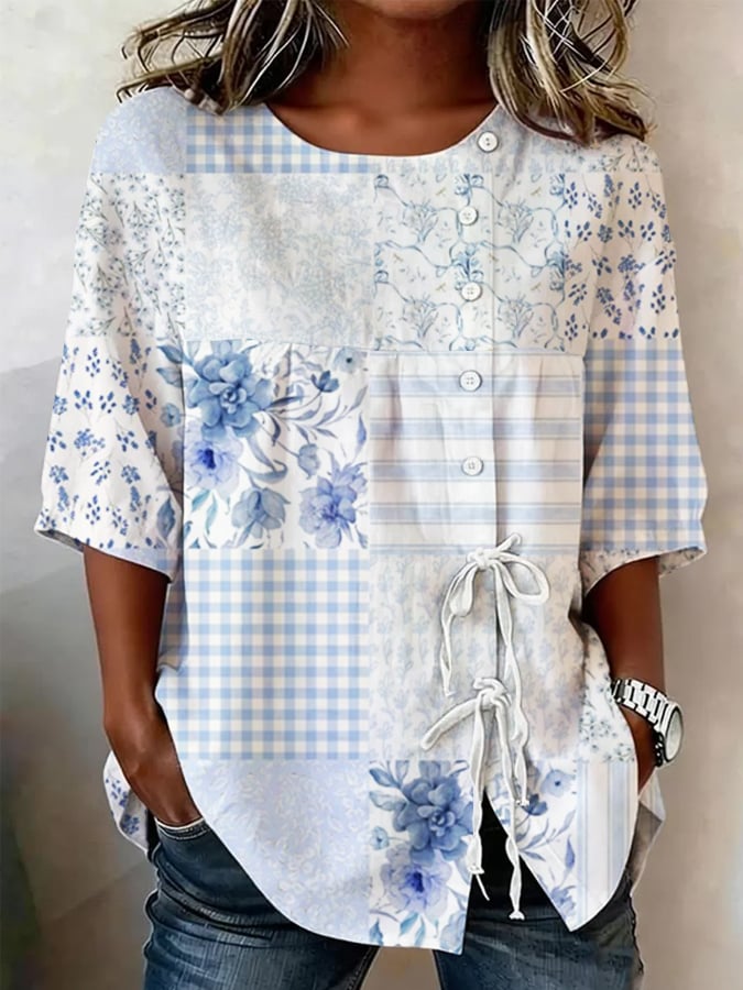 Women's Retro Floral Button Lace Up Tie Shirt