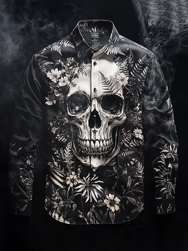 Men's Outdoor Vintage Skull and Floral Long Sleeve Shirt