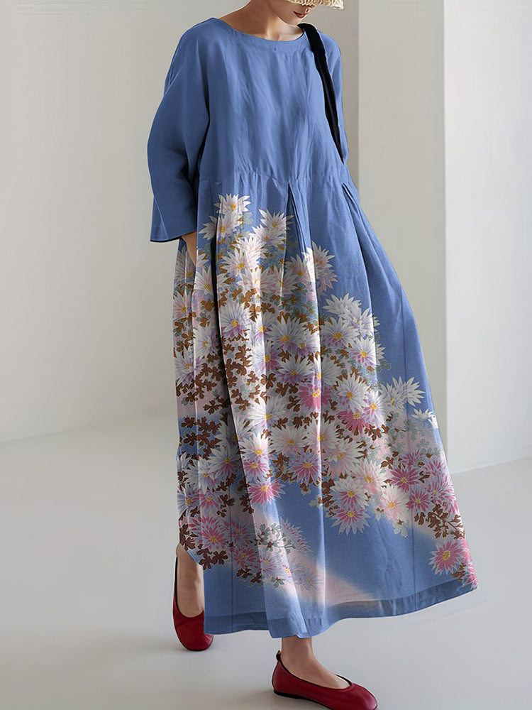 Vintage Japanese Art Color Block Floral Printed Casual Midi Dress