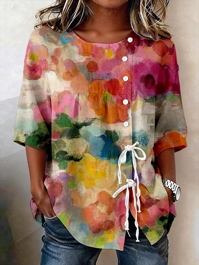 Women's Retro Floral Button Lace Up Tie Shirt