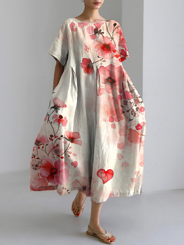 Vintage Floral Watercolor Art Cozy Cotton Linen Dress
