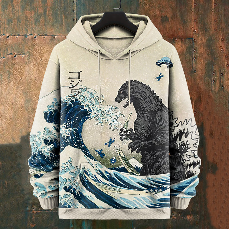 Men's Japanese Great Waves Godzilla Graphics Art Print Casual Hoodie