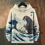 Men's Japanese Great Waves Godzilla Graphics Art Print Casual Hoodie