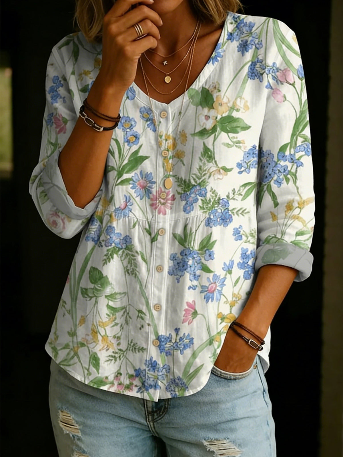Women's Casual Floral Print Cotton Linen Top