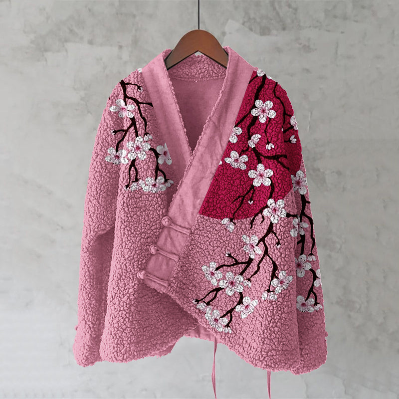 Vintage Japanese Sakura Art Plush Kimono Cardigan
