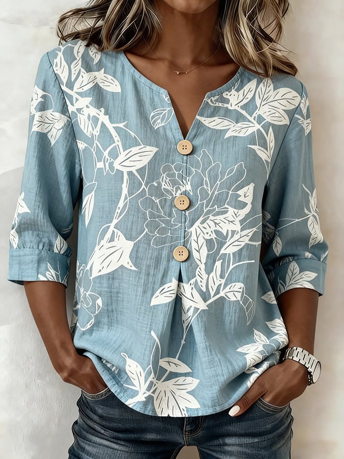 Women's Casual V-Neck Printed Cotton-Linen Top