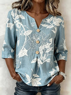 Women's Casual V-Neck Printed Cotton-Linen Top