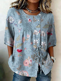 Women's Retro Floral Button Lace Up Tie Shirt
