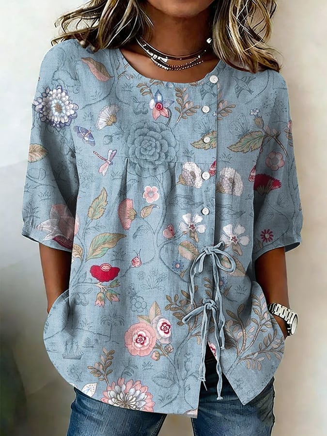 Women's Retro Floral Button Lace Up Tie Shirt