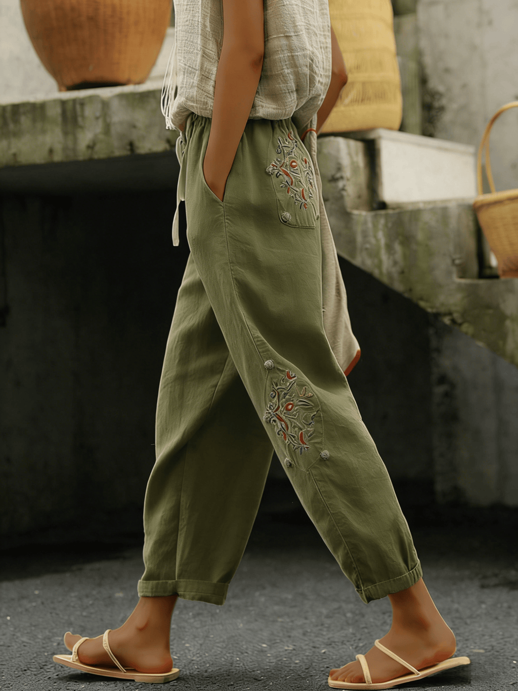 Women's Breathable Textured Cotton Linen Drawstring Cropped Pants