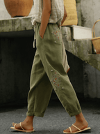 Women's Breathable Textured Cotton Linen Drawstring Cropped Pants