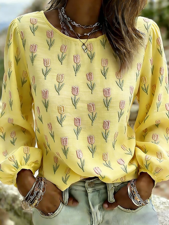 Women's Casual Floral Print Long-Sleeved Top