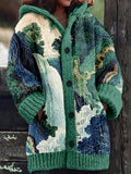 Japanese Waterfall Landscape Art Cozy Hooded Cardigan