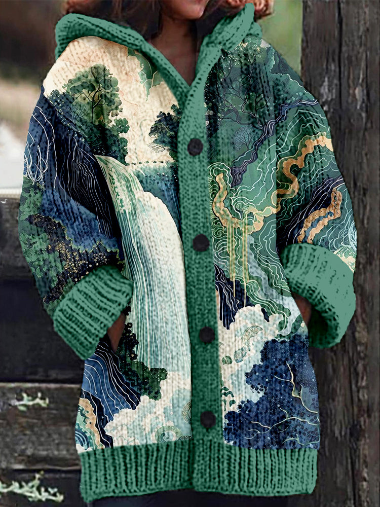Japanese Waterfall Landscape Art Cozy Hooded Cardigan