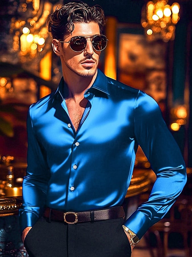 Men's  Solid Satin Long Sleeve Shirt