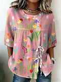 Women's Retro Floral Button Lace Up Tie Shirt