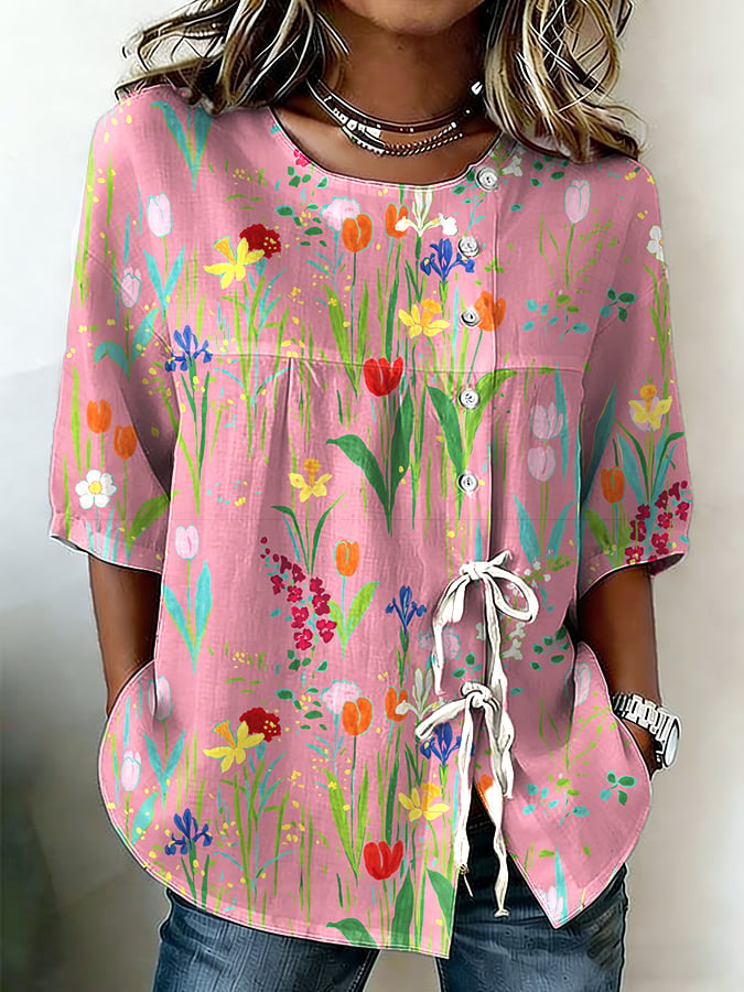Women's Retro Floral Button Lace Up Tie Shirt