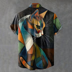 Men's Cat Abstract Art Print Linen Blend Cozy Shirt