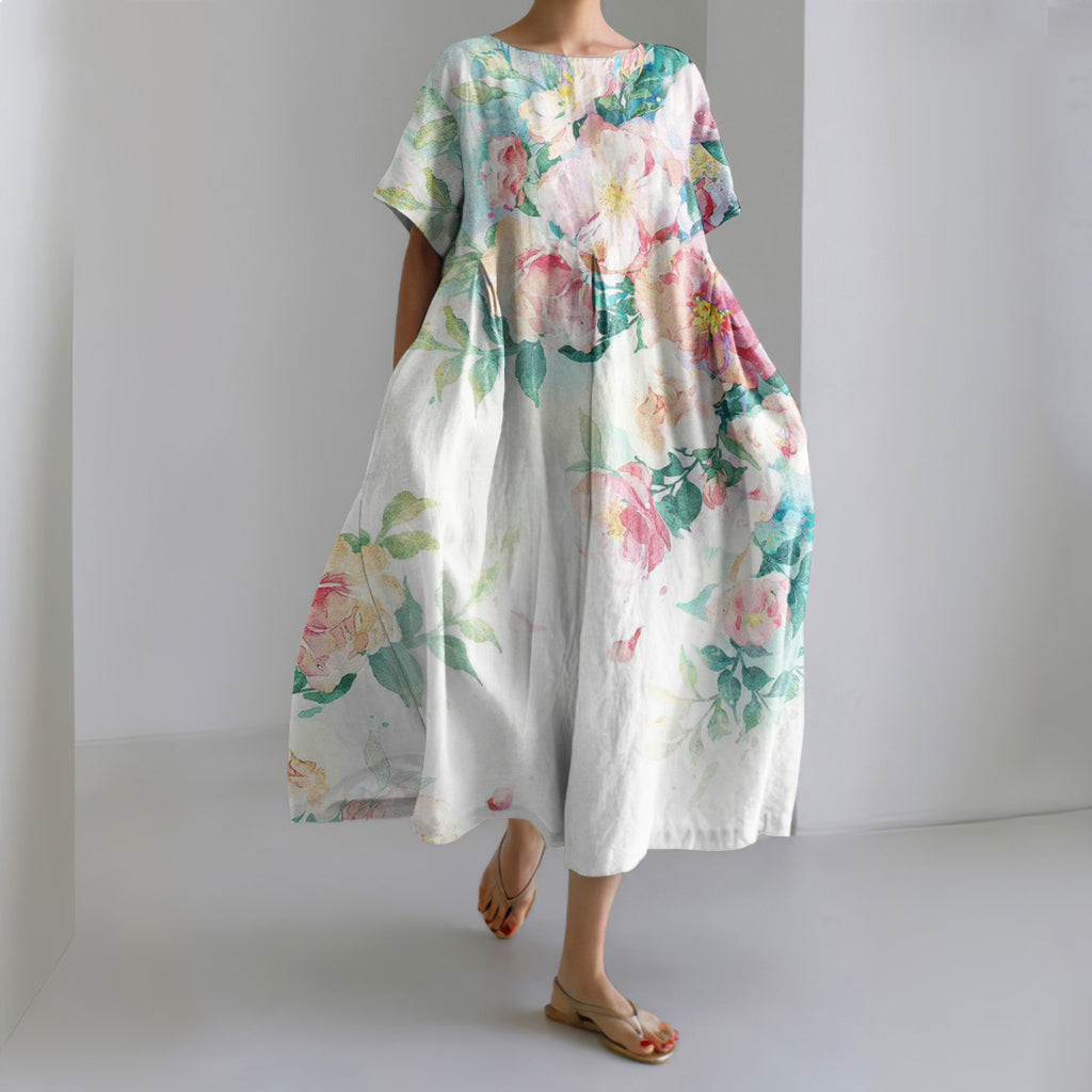 Floral Print Round Neck Loose Midi Dress