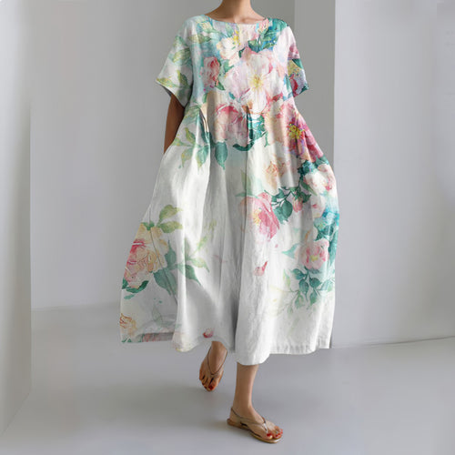 Floral Print Round Neck Loose Midi Dress