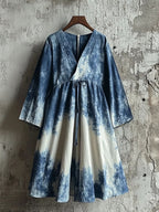 Women's Japanese Traditional Art Indigo Tie-dye Cozy V-neck Dress