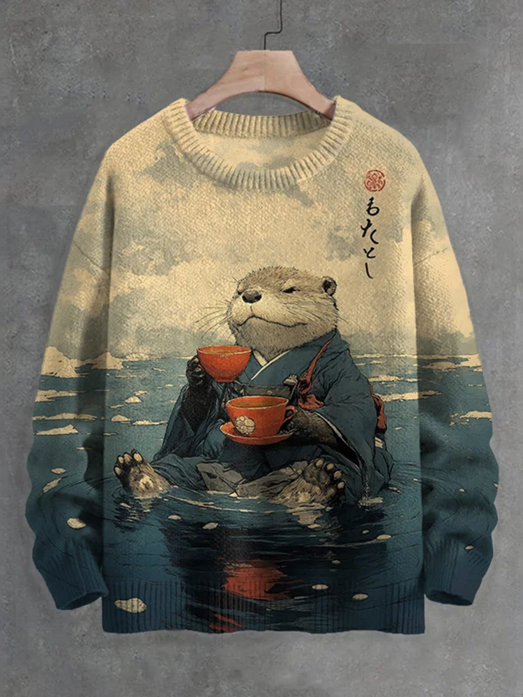 Men's River Kimono Otter Tasting Tea Japanese Art Print Knit Crew Neck Sweater