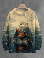 Men's River Kimono Otter Tasting Tea Japanese Art Print Knit Crew Neck Sweater