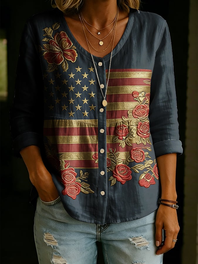 Women'S Casual Cotton-Linen Top With U.S. 250th Anniversary Print