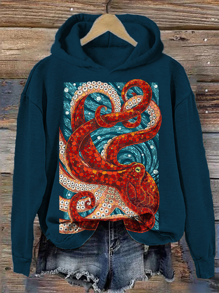 Red Octopus Pattern Hooded Sweatshirt