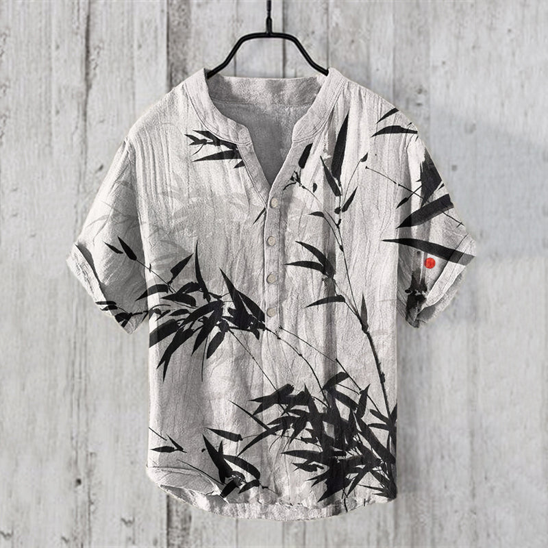 Men'S Japanese Art Bamboo Leaf Linen Blend Shirt