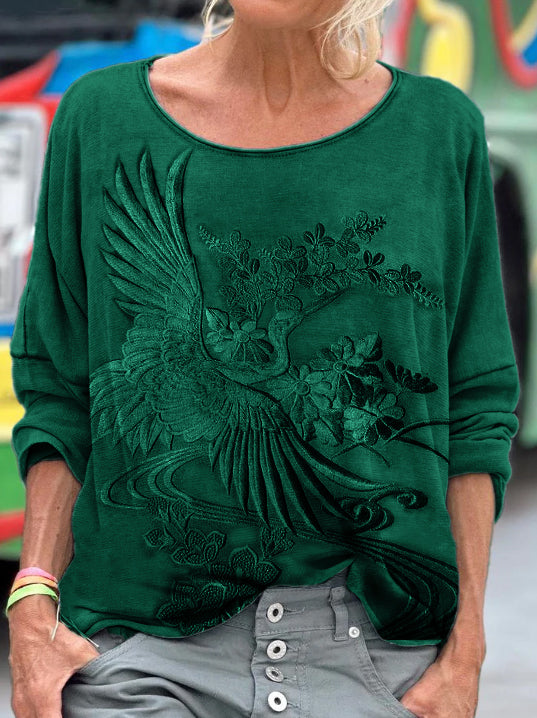 Cranes Floral Japanese Embroidered Comfy T Shirt