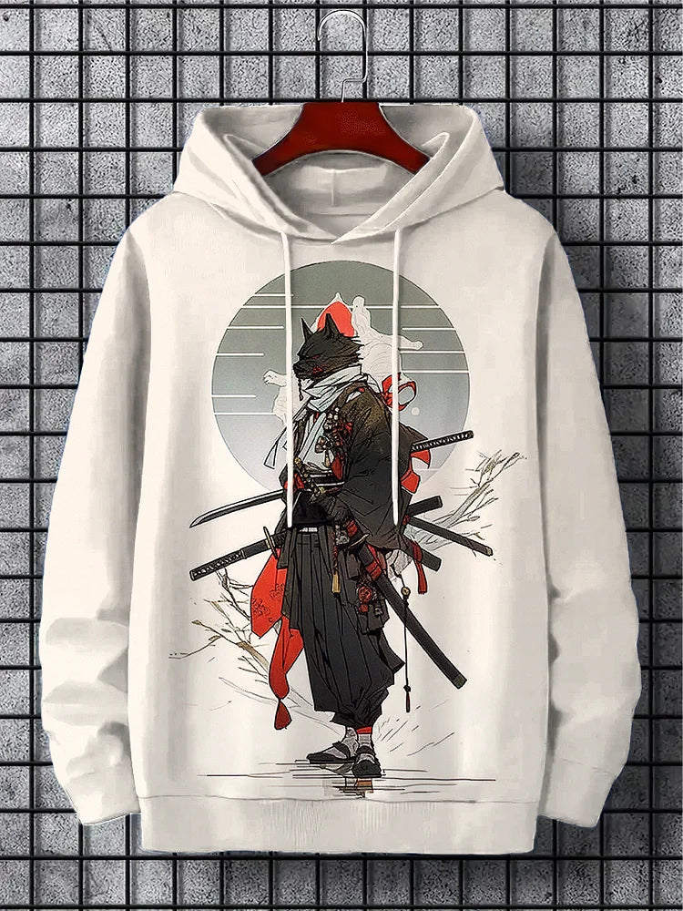 Men's Wolf Samurai Japanese Art Print Casual Hoodie