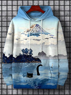 Men's Mount Fuji Cat Lake Landscape Japanese Art Print Hoodie