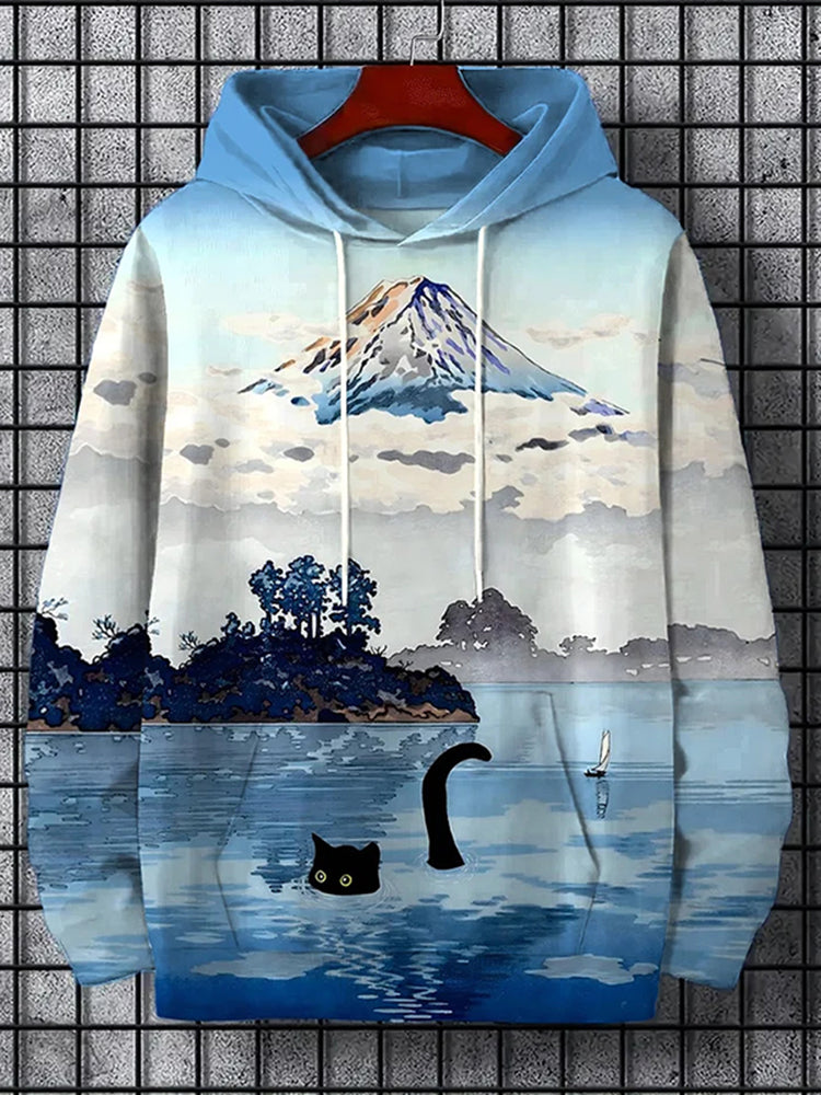 Men's Mount Fuji Cat Lake Landscape Japanese Art Print Hoodie