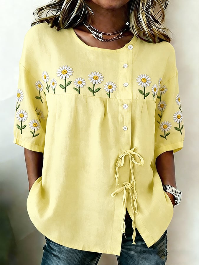 Women's Retro Floral Button Lace Up Tie Shirt