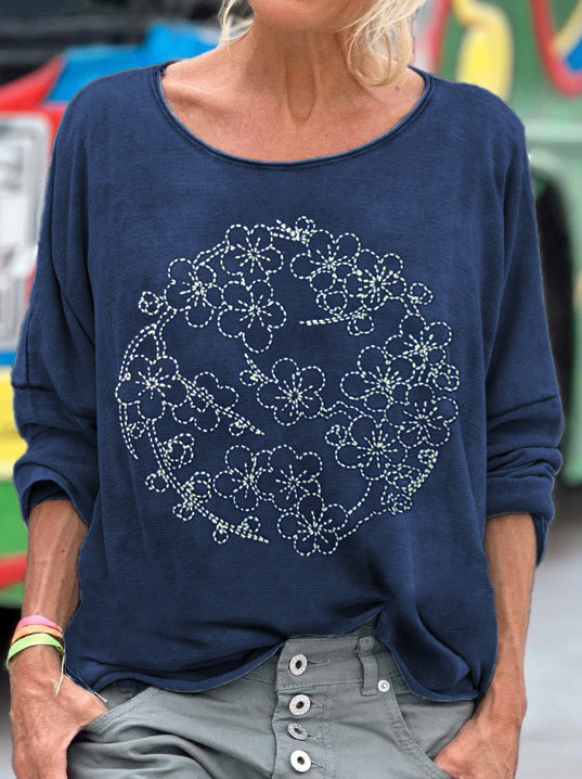 Cherry Blossom Japanese Embroidery Art Washed T Shirt