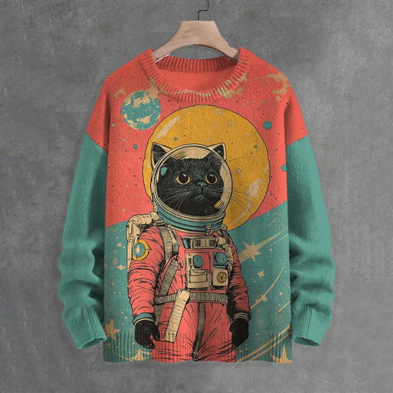 Men's Black Cat Astronaut Color Block Art Print Knit Crew Neck Sweater