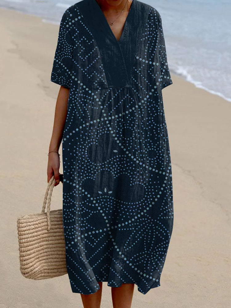 Vintage Japanese Traditional Sashiko Patchwork Art Pattern Linen Blend Midi Dress