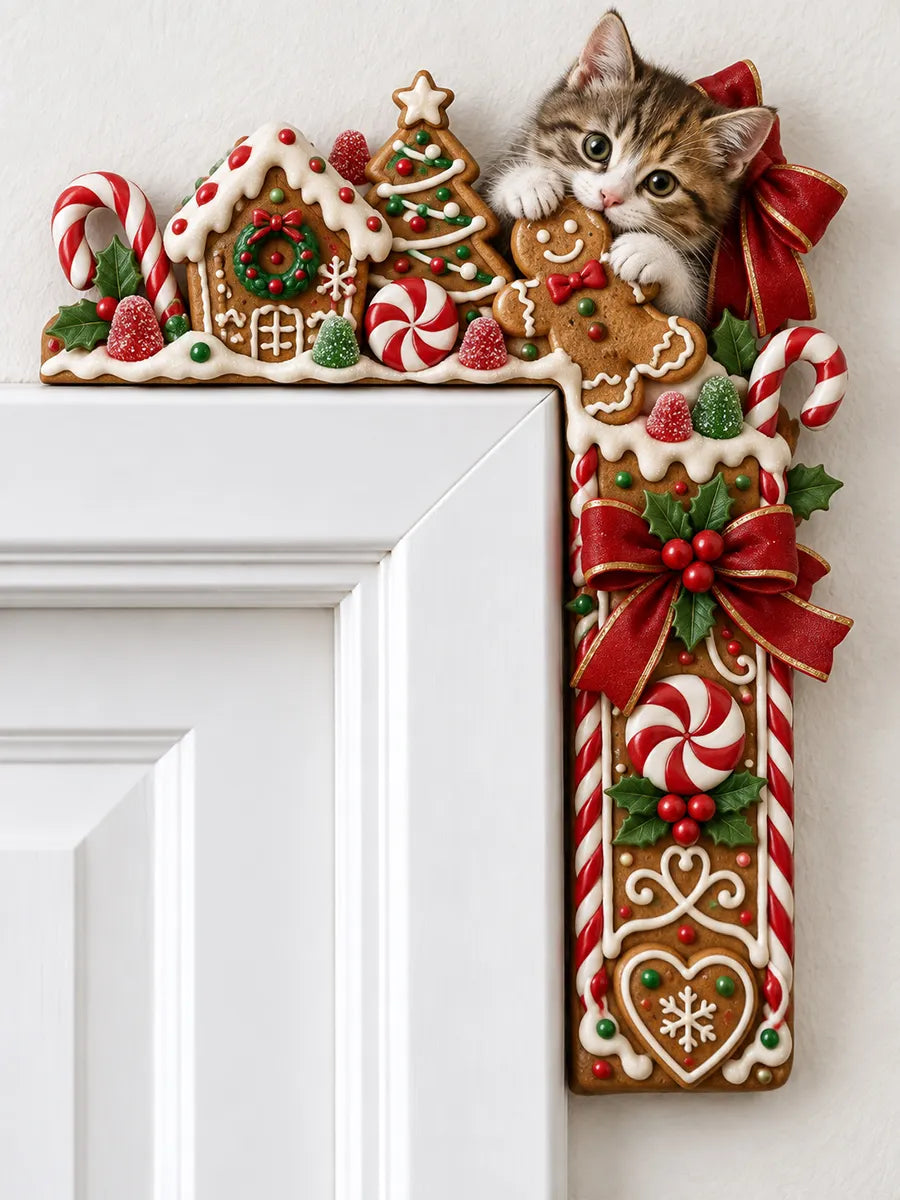 🎄 Christmas Gingerbread Cat Door Frame Topper – Festive Candy Cottage Holiday Corner Decor