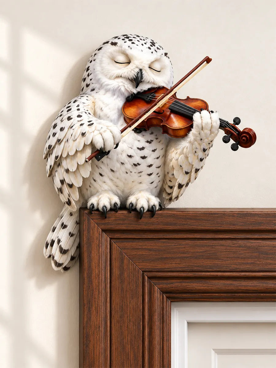 🎻Whimsical Snowy Owl Playing Violin Door Frame Corner Decor