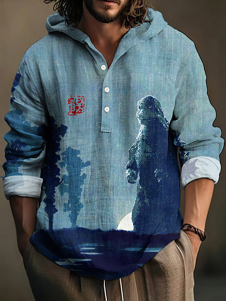 Men's Japanese Godzilla Art Print Hooded Shirt
