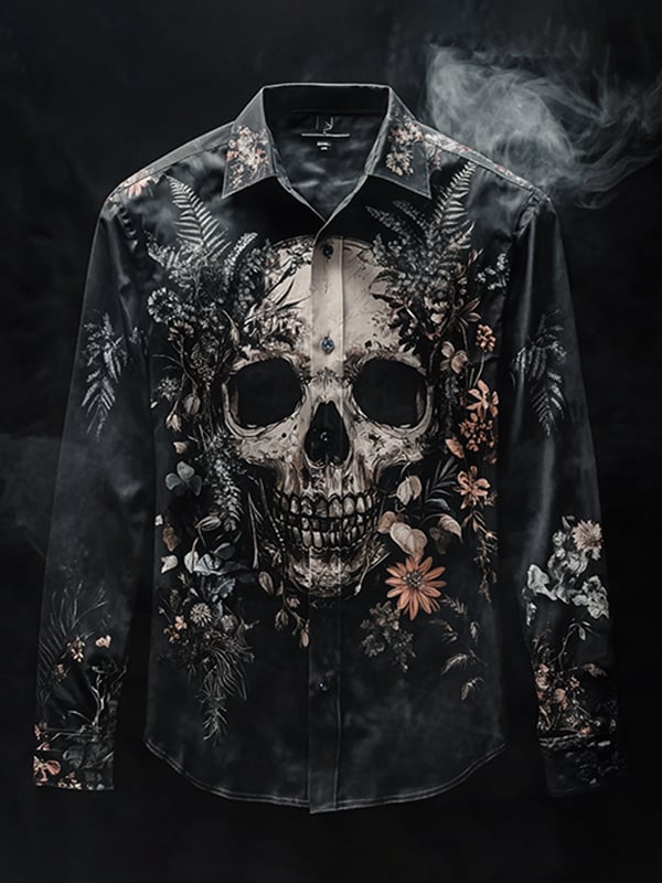 Men's Outdoor Vintage Skull and Floral Long Sleeve Shirt