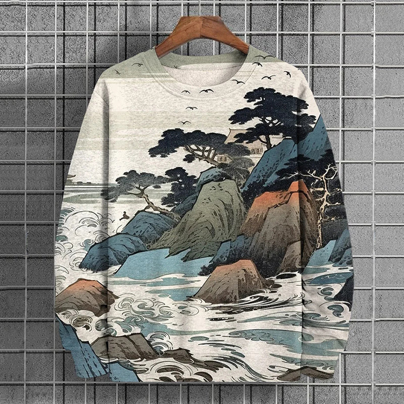 Men's Japanese Landscape Painting Casual Sweatshirt