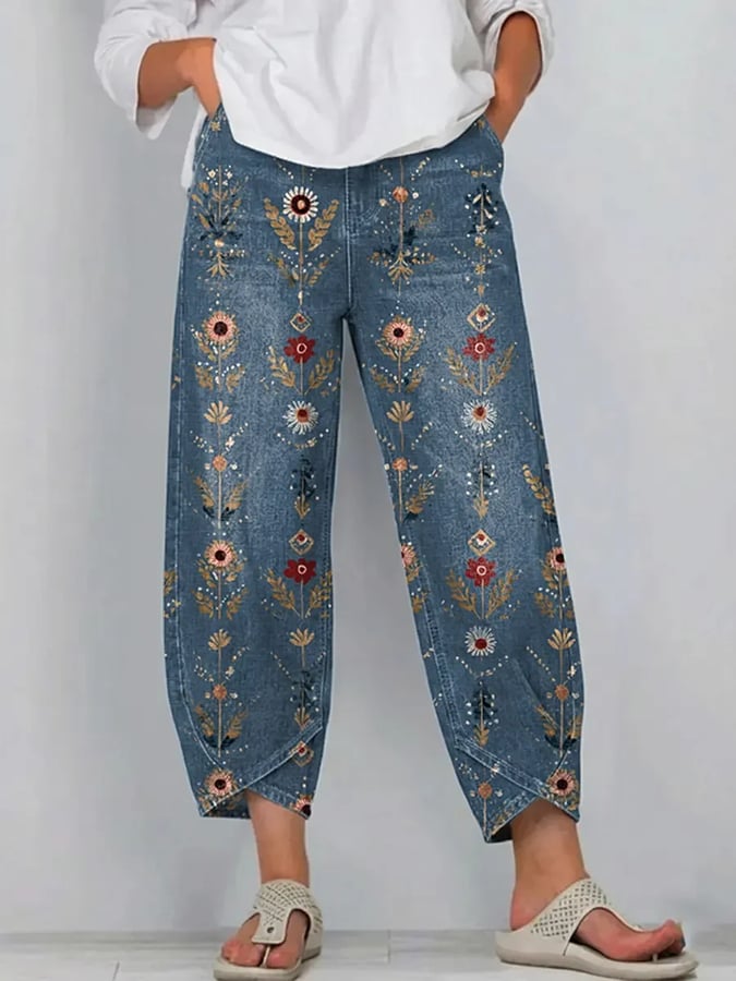 Women's Vintage Flowers Floral Patterns Art Prints Casual Denim Cotton Pants (With Pockets)